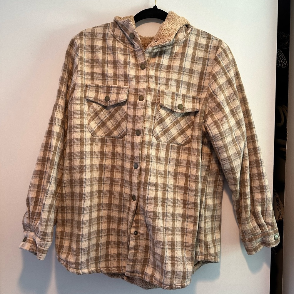 SHEIN Checkered Button-Up Hoodie - Cream and Brown
